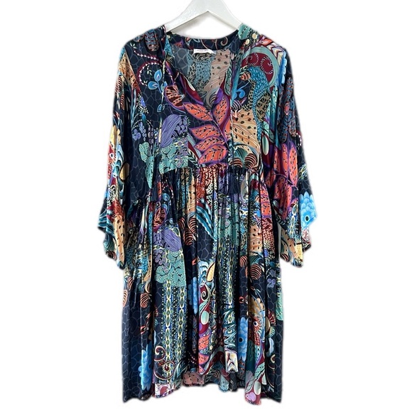 Johnny Was Dresses & Skirts - Johnny Was Sea Owl Dress L Silk Short Kaftan Resort Tropical Beach
